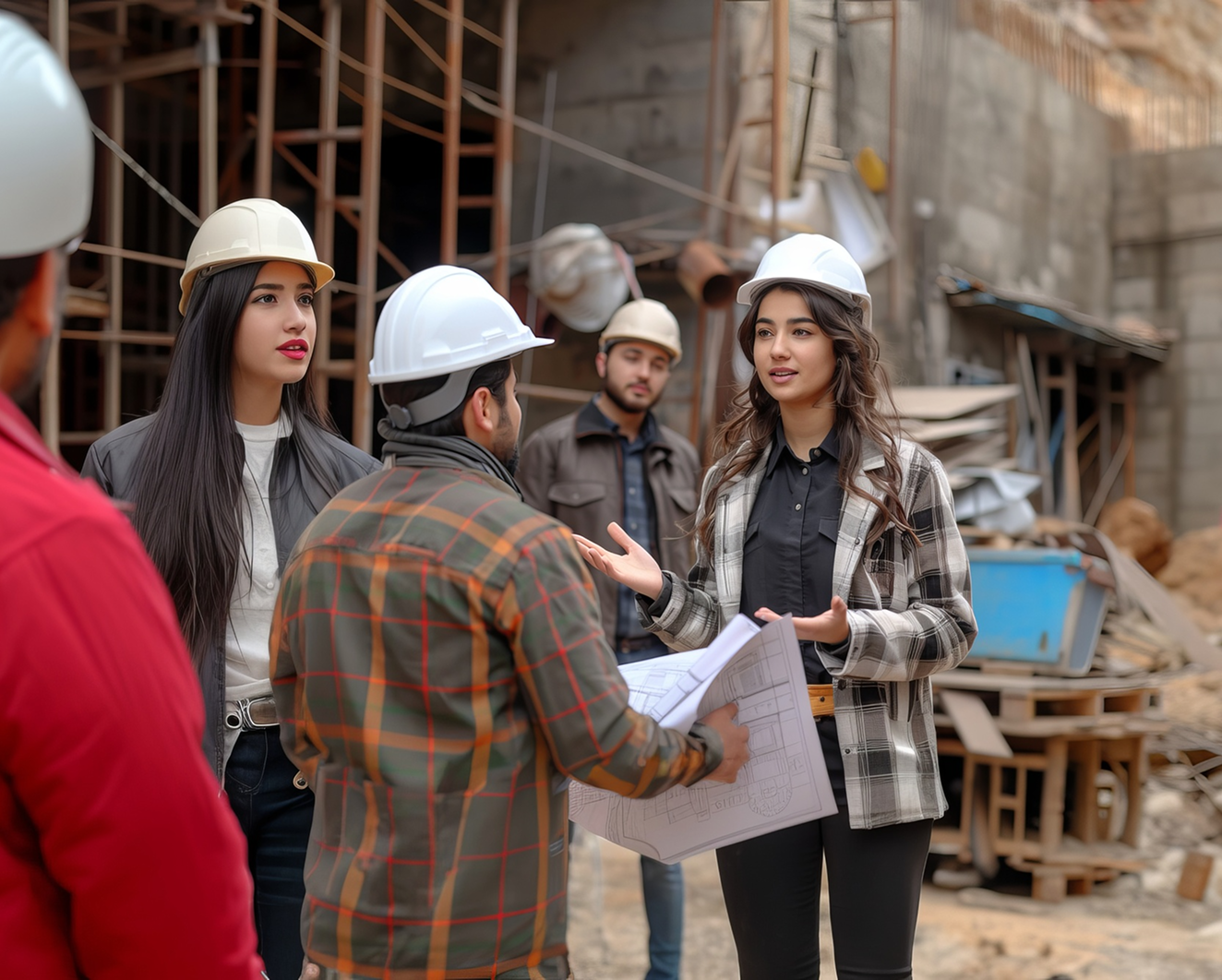 Group of construction professionals discussing blueprints at construction site